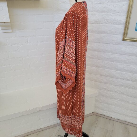 Angie Womens Kimono Duster Small Long Rust Orange Red Floral Polka Dot Pattern - Picture 6 of 10